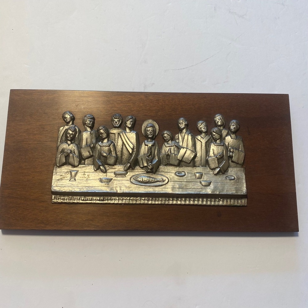 Vintage Last Supper Wall Plaque Silver Good Brutalist MCM Metal Wood Religious